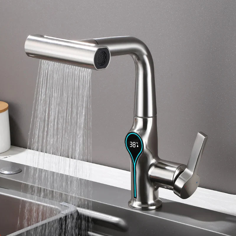 Digital Temperature Display Waterfall Bathroom Sink Faucet (Up/Down Adjustable)