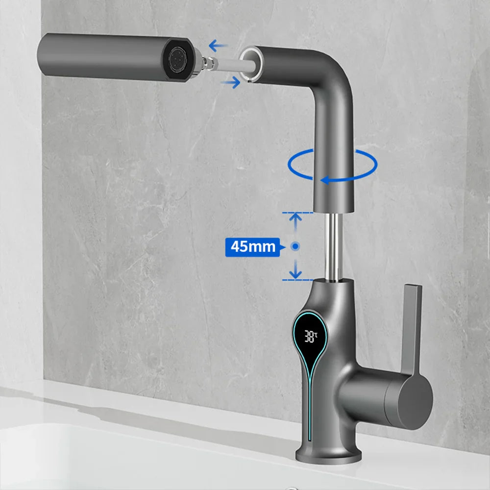 Digital Temperature Display Waterfall Bathroom Sink Faucet (Up/Down Adjustable)