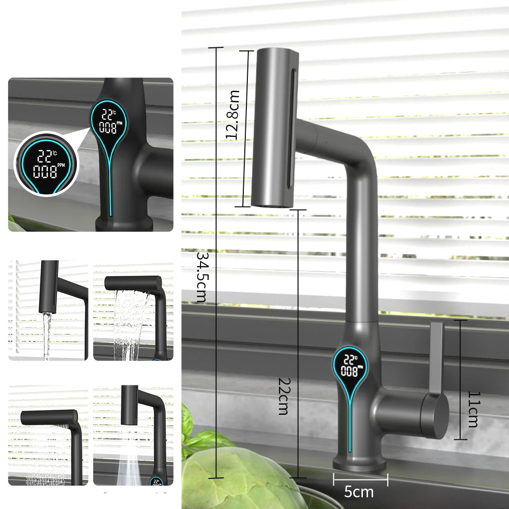 Digital Temperature Display Waterfall Bathroom Sink Faucet (Up/Down Adjustable)