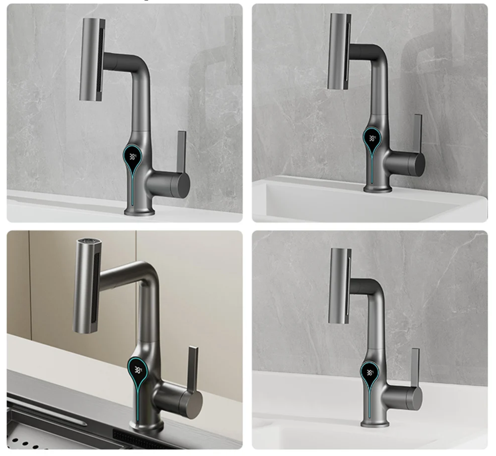 Digital Temperature Display Waterfall Bathroom Sink Faucet (Up/Down Adjustable)