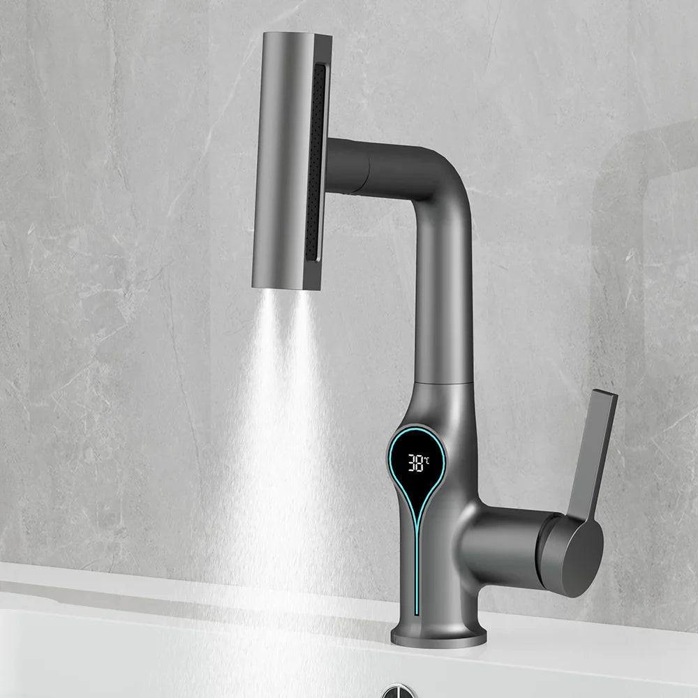 Digital Temperature Display Waterfall Bathroom Sink Faucet (Up/Down Adjustable)