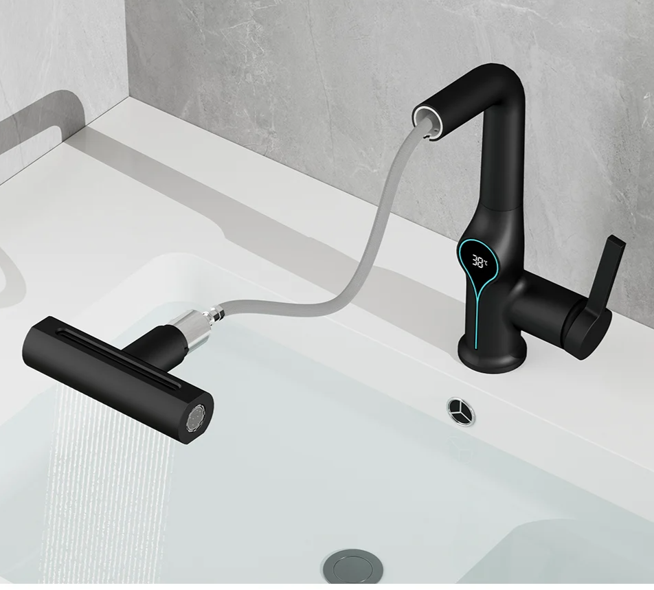 Digital Temperature Display Waterfall Bathroom Sink Faucet (Up/Down Adjustable)