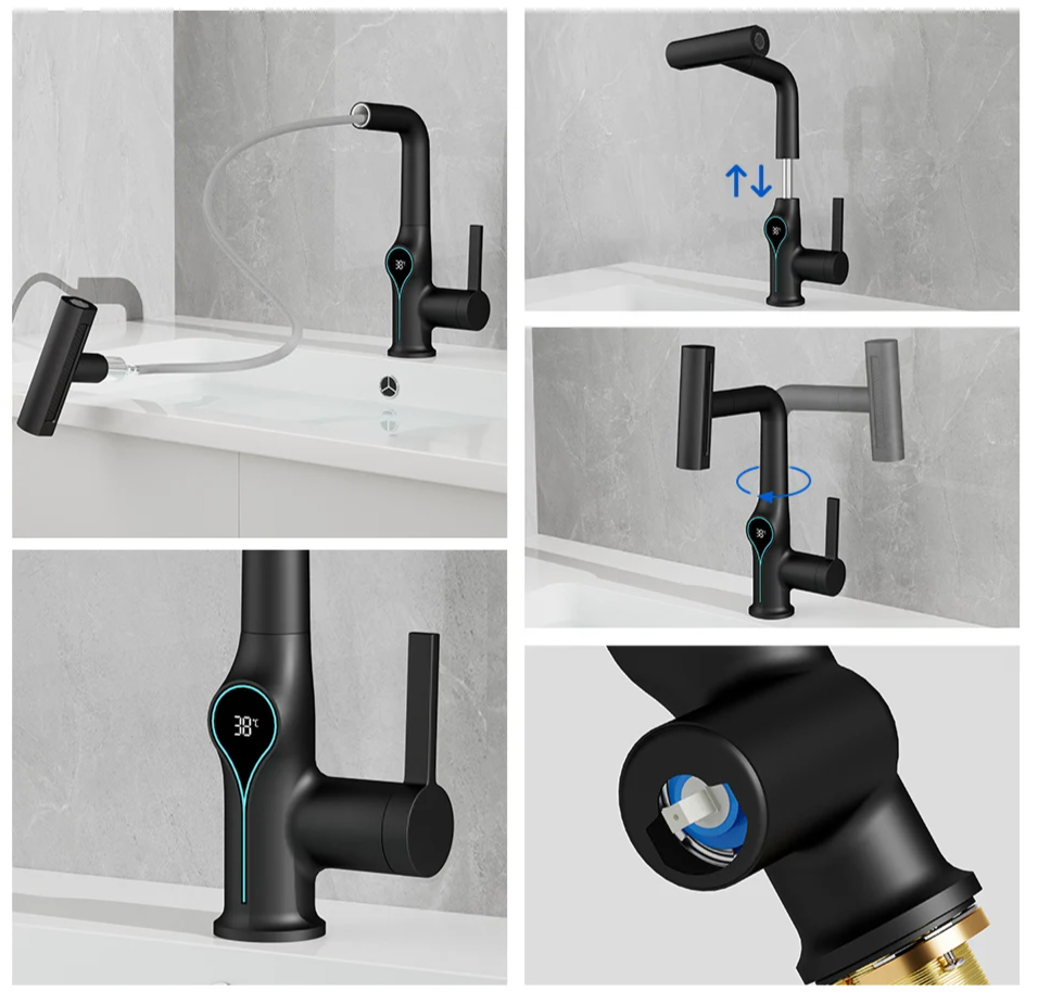 Digital Temperature Display Waterfall Bathroom Sink Faucet (Up/Down Adjustable)