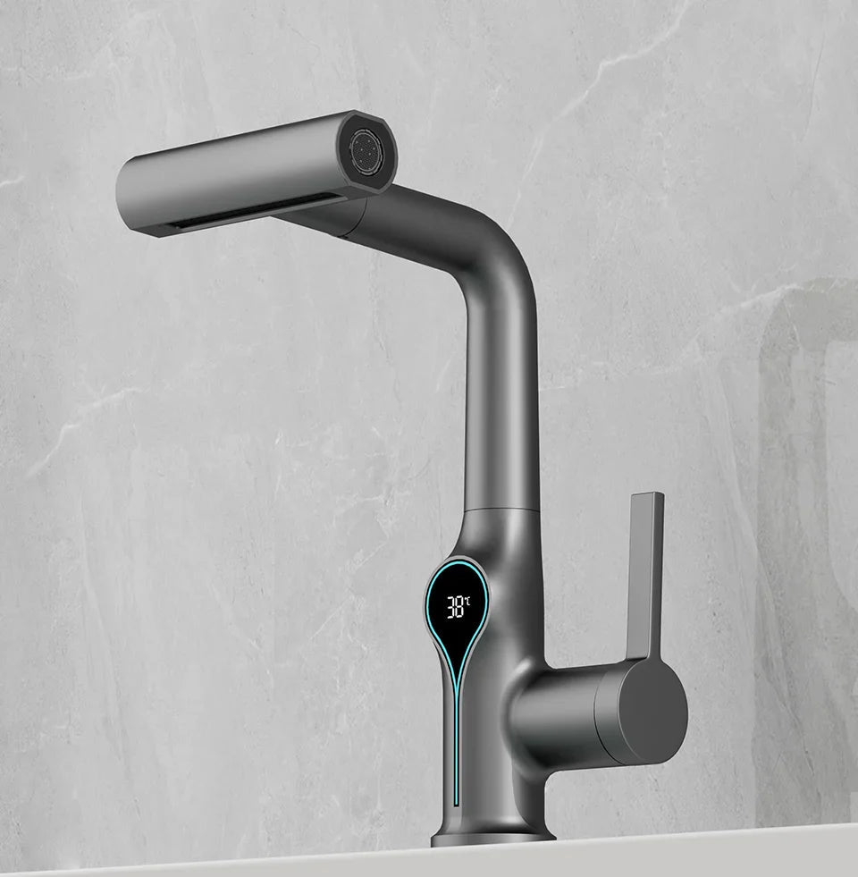 Digital Temperature Display Waterfall Bathroom Sink Faucet (Up/Down Adjustable)