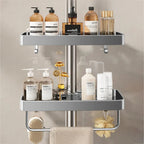 Drill-Free Adhesive Double-Tier Rustproof Aluminum Shower Caddy (With Towel Bar)