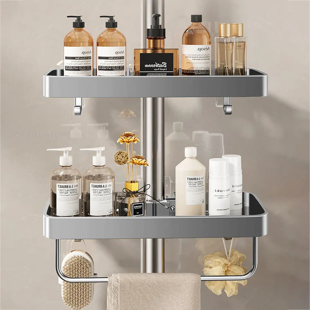 Drill-Free Adhesive Double-Tier Rustproof Aluminum Shower Caddy (With Towel Bar)