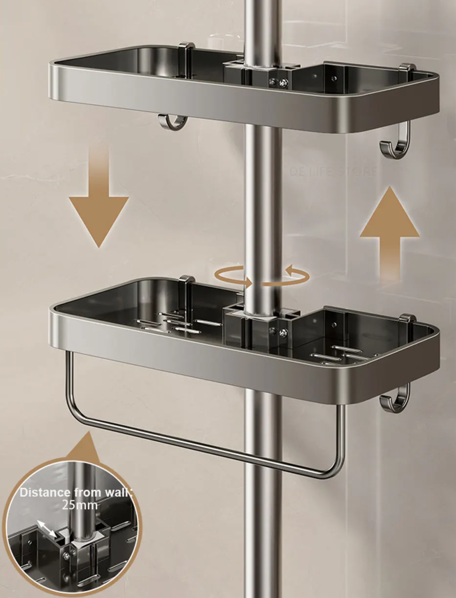 Drill-Free Adhesive Double-Tier Rustproof Aluminum Shower Caddy (With Towel Bar)
