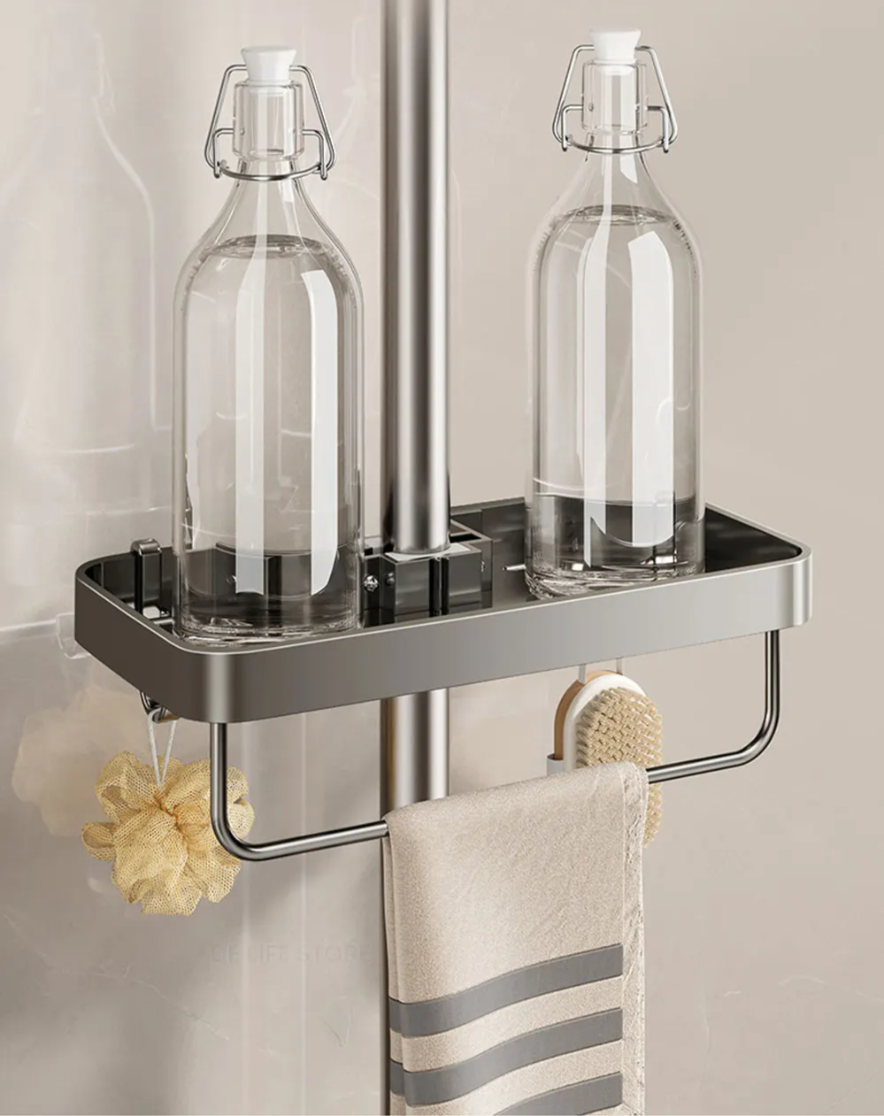 Drill-Free Adhesive Double-Tier Rustproof Aluminum Shower Caddy (With Towel Bar)