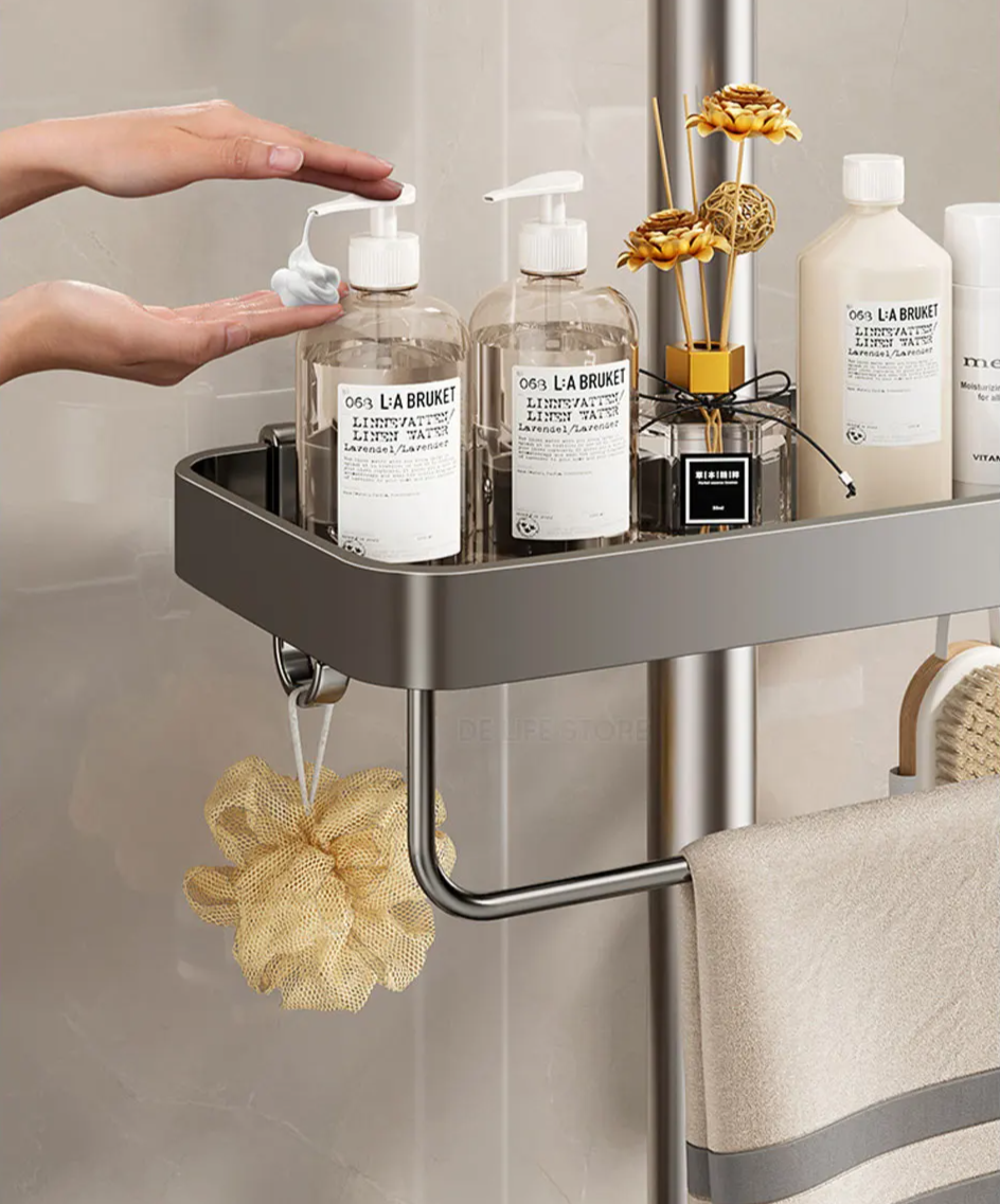 Drill-Free Adhesive Double-Tier Rustproof Aluminum Shower Caddy (With Towel Bar)