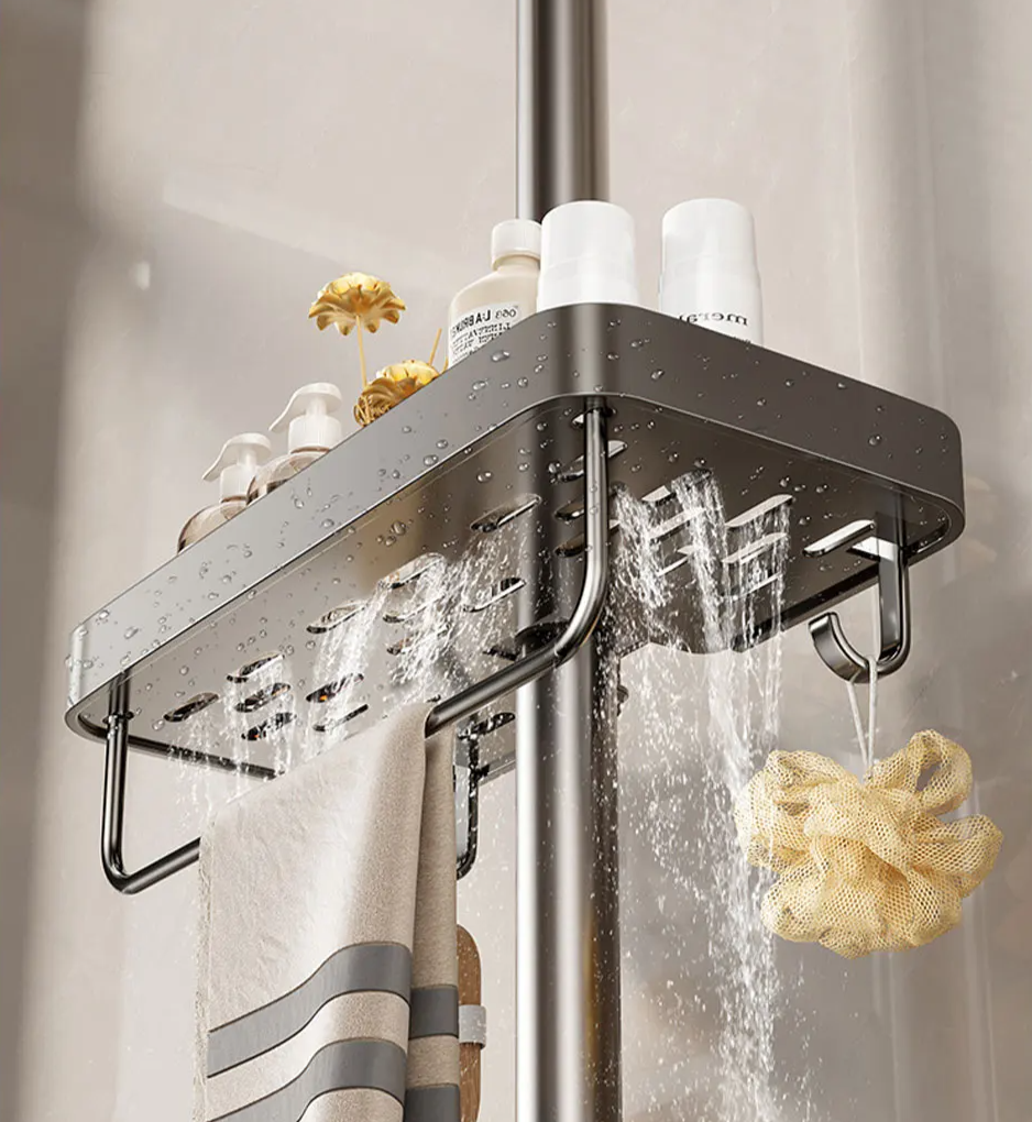 Drill-Free Adhesive Double-Tier Rustproof Aluminum Shower Caddy (With Towel Bar)