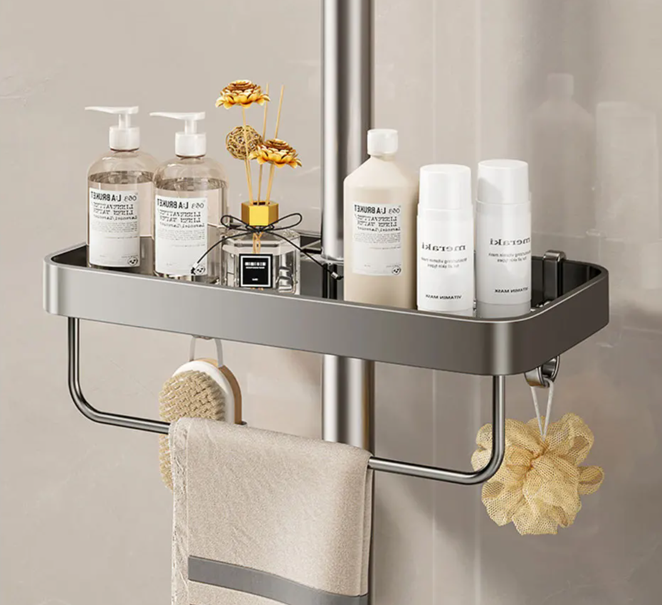 Drill-Free Adhesive Double-Tier Rustproof Aluminum Shower Caddy (With Towel Bar)