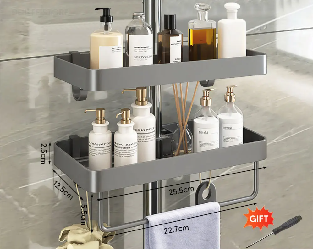 Drill-Free Adhesive Double-Tier Rustproof Aluminum Shower Caddy (With Towel Bar)