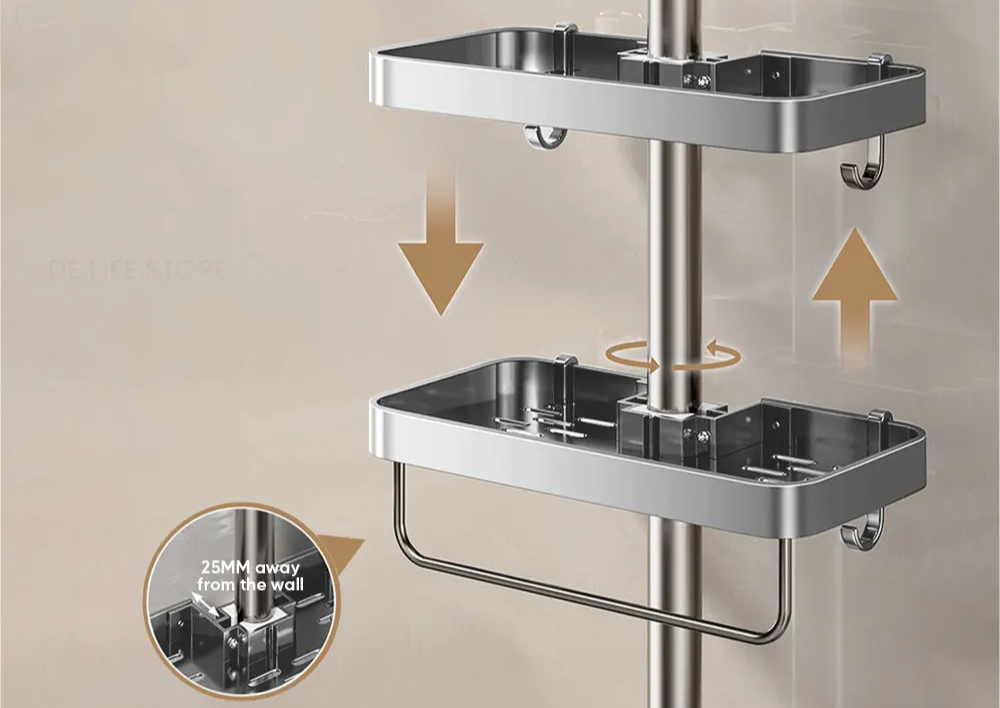 Drill-Free Adhesive Double-Tier Rustproof Aluminum Shower Caddy (With Towel Bar)
