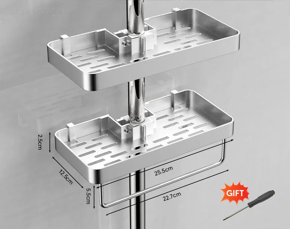 Drill-Free Adhesive Double-Tier Rustproof Aluminum Shower Caddy (With Towel Bar)