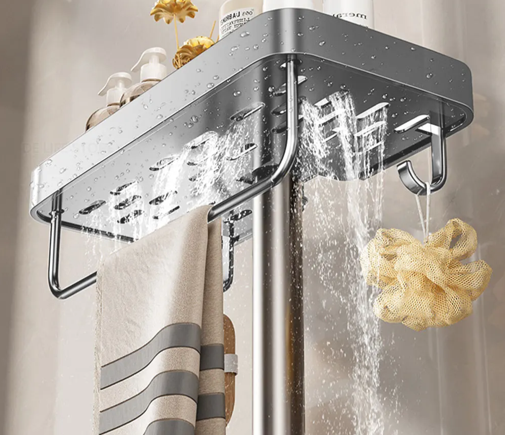 Drill-Free Adhesive Double-Tier Rustproof Aluminum Shower Caddy (With Towel Bar)