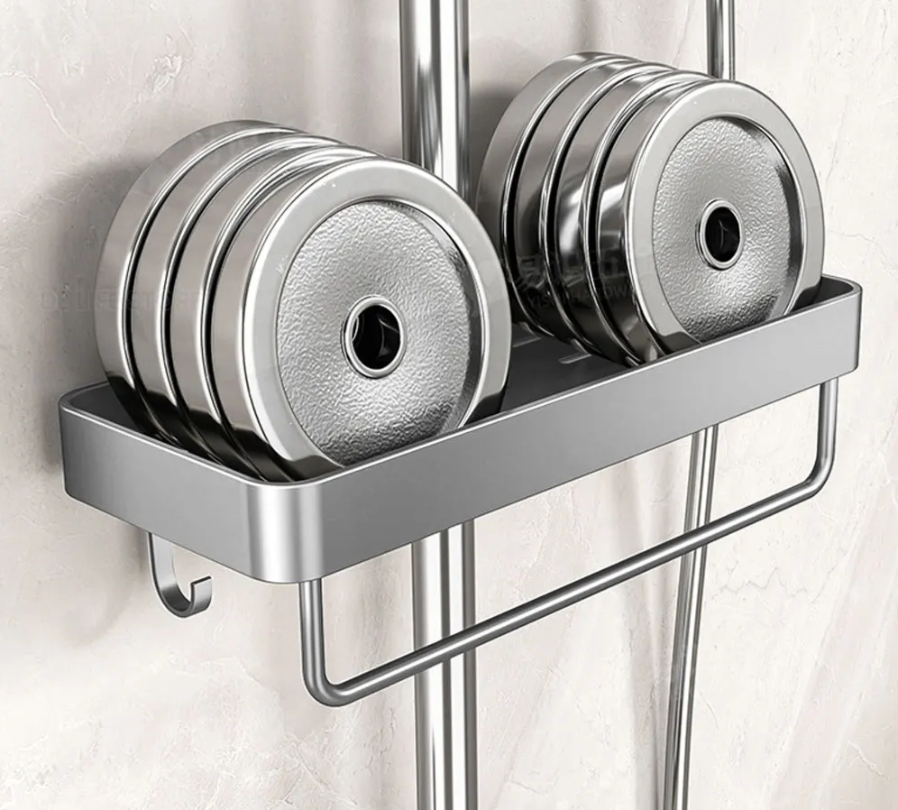 Drill-Free Adhesive Double-Tier Rustproof Aluminum Shower Caddy (With Towel Bar)