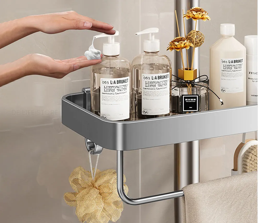 Drill-Free Adhesive Double-Tier Rustproof Aluminum Shower Caddy (With Towel Bar)