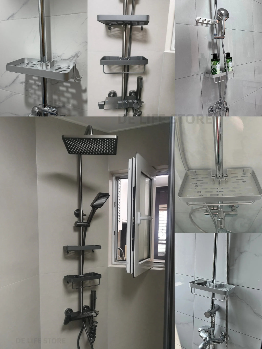 Drill-Free Adhesive Double-Tier Rustproof Aluminum Shower Caddy (With Towel Bar)