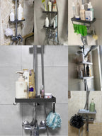 Drill-Free Adhesive Double-Tier Rustproof Aluminum Shower Caddy (With Towel Bar)
