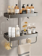 Drill-Free Adhesive Double-Tier Rustproof Aluminum Shower Caddy (With Towel Bar)