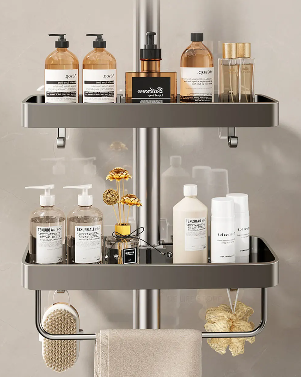 Drill-Free Adhesive Double-Tier Rustproof Aluminum Shower Caddy (With Towel Bar)
