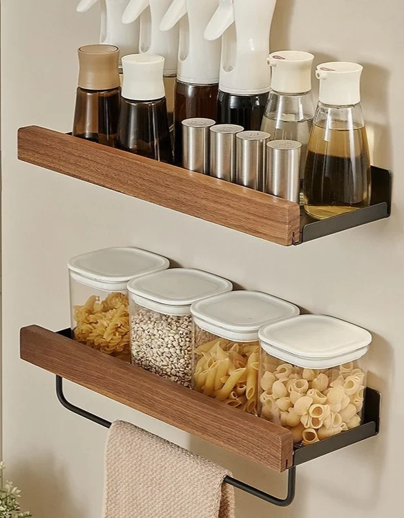 Drill-Free Metal & Wood Kitchen Wall Shelf
