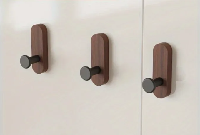Drill-Free Self-Adhesive Walnut Wall Hooks