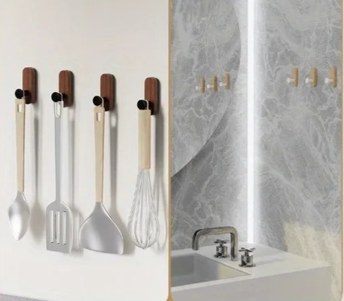 Drill-Free Self-Adhesive Walnut Wall Hooks