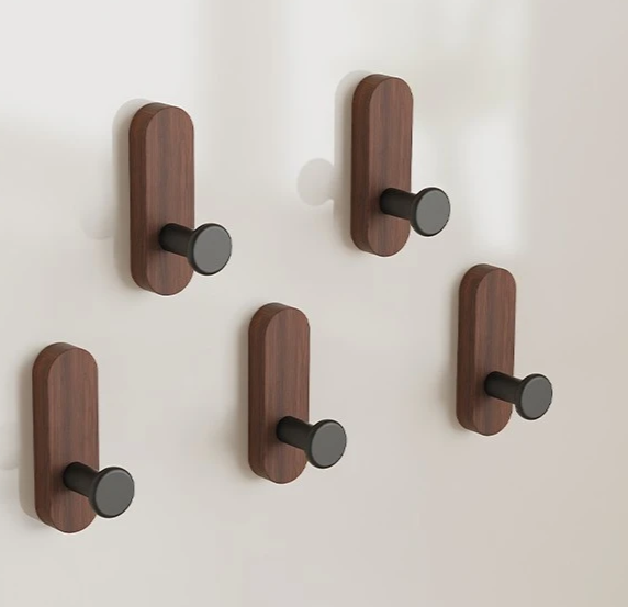 Drill-Free Self-Adhesive Walnut Wall Hooks