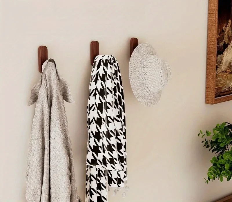 Drill-Free Self-Adhesive Walnut Wall Hooks