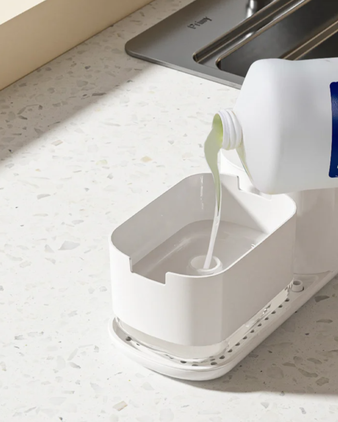 Dual Refillable Soap Dispensers & Sponge Holder Sink Organizer (5-in-1)