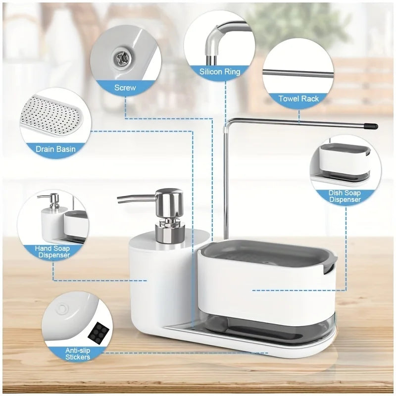 Dual Refillable Soap Dispensers & Sponge Holder Sink Organizer (5-in-1)