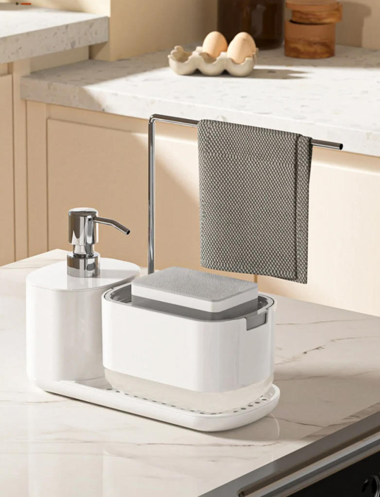 Dual Refillable Soap Dispensers & Sponge Holder Sink Organizer (5-in-1)