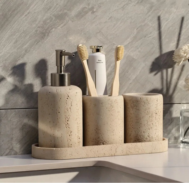 Durable Natural Sandstone Soap Dish & Tumbler (4-Piece Set)