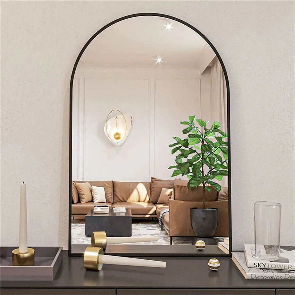 Easy-Install Arched Black Metal Wall Mirror