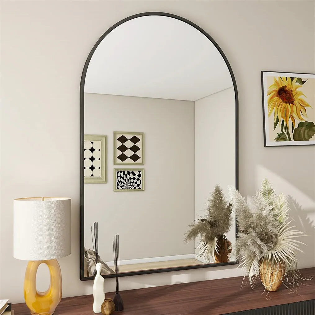 Easy-Install Arched Black Metal Wall Mirror