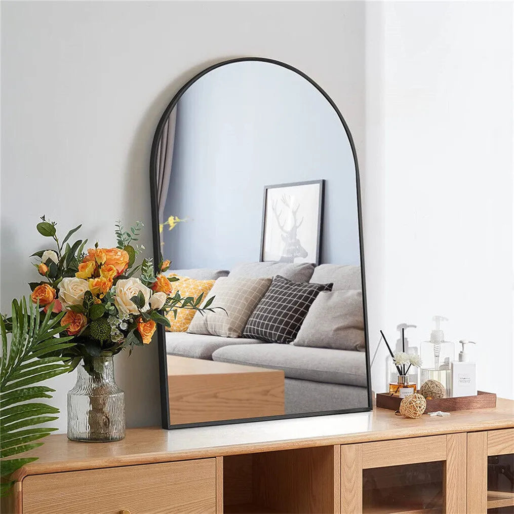 Easy-Install Arched Black Metal Wall Mirror