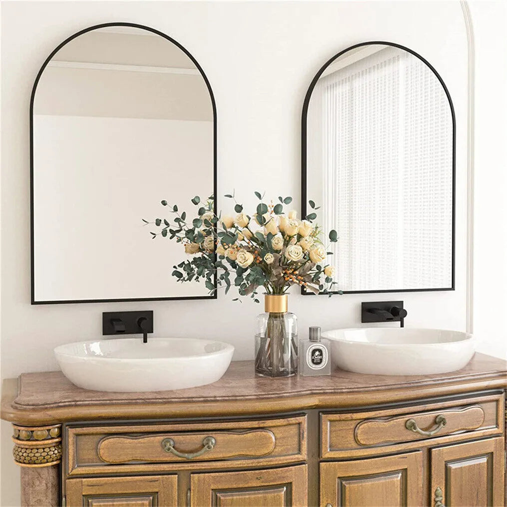 Easy-Install Arched Black Metal Wall Mirror
