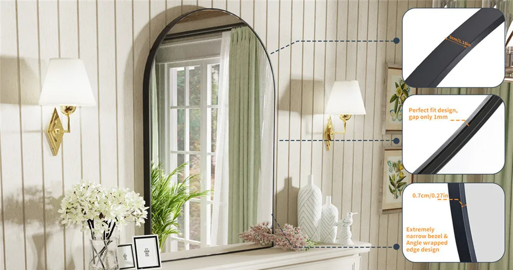 Easy-Install Arched Black Metal Wall Mirror