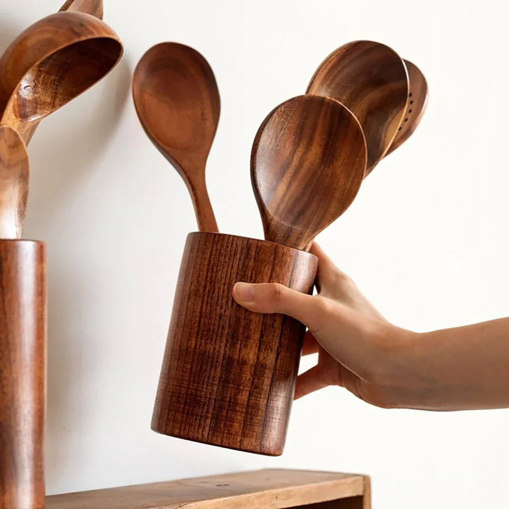 Eco-Friendly Non-Scratch Wooden Utensil Set (With Storage Bucket)