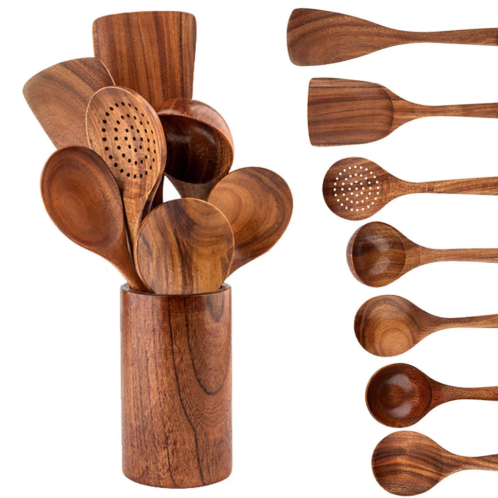 Eco-Friendly Non-Scratch Wooden Utensil Set (With Storage Bucket)