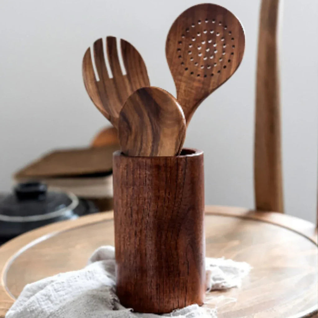 Eco-Friendly Non-Scratch Wooden Utensil Set (With Storage Bucket)