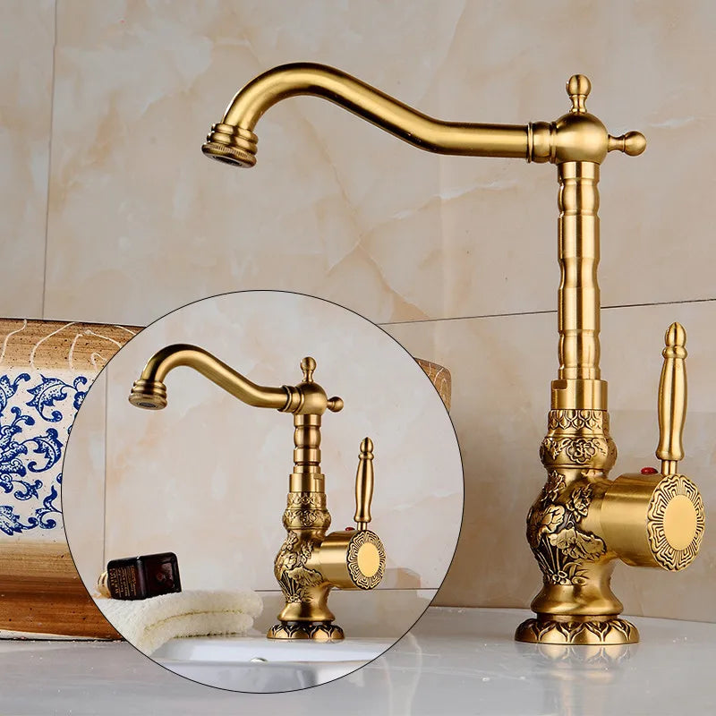 Engraved Antique Brass Single-Handle Sink Faucet