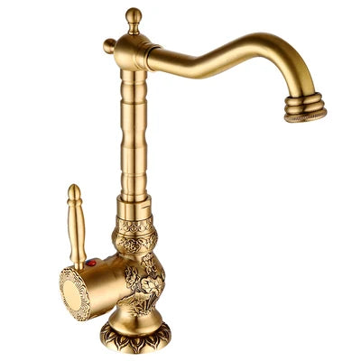 Engraved Antique Brass Single-Handle Sink Faucet