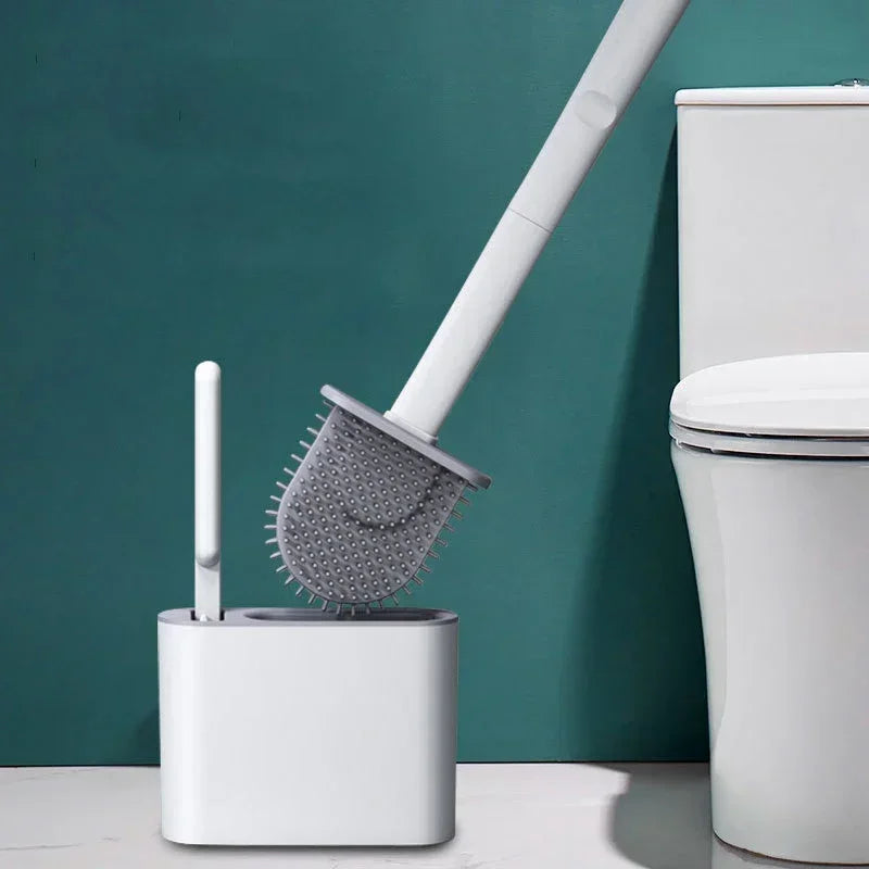Flexible Flat-Head Silicone Toilet Brush (Self-Adhesive Wall Mount)