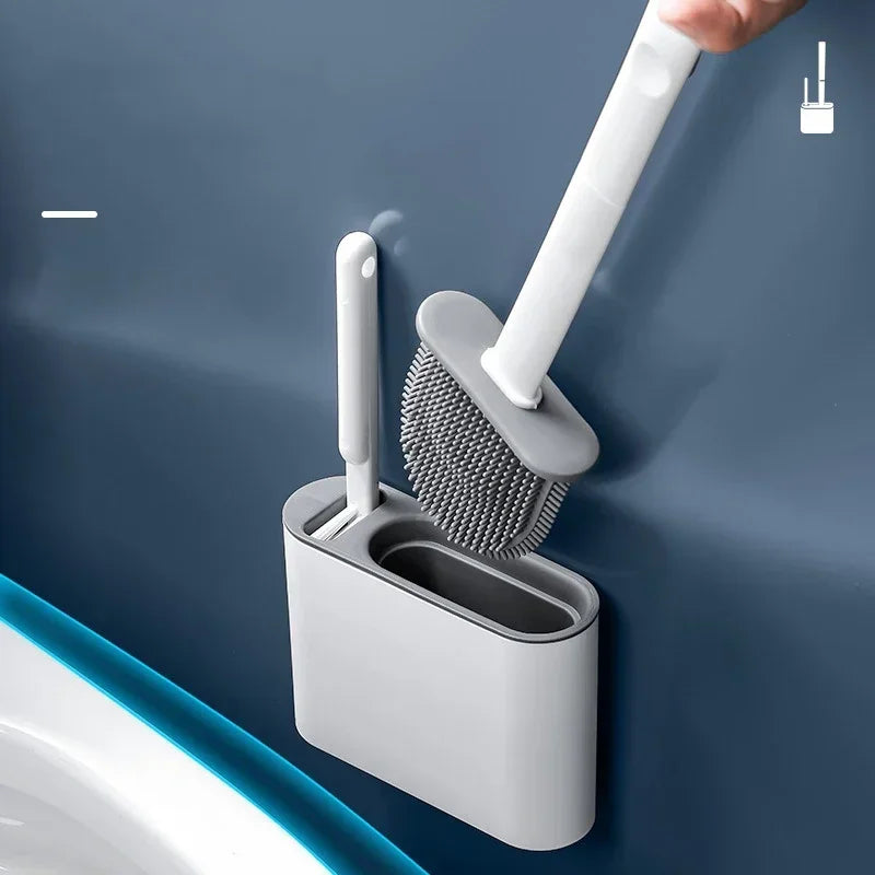 Flexible Flat-Head Silicone Toilet Brush (Self-Adhesive Wall Mount)