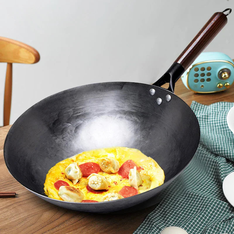 Hand-Forged Pure Iron Wok (Wooden Handle)