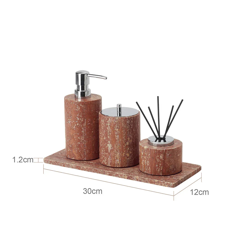 Handcrafted Natural Red Travertine Bathroom Accessories Set (4-Piece)