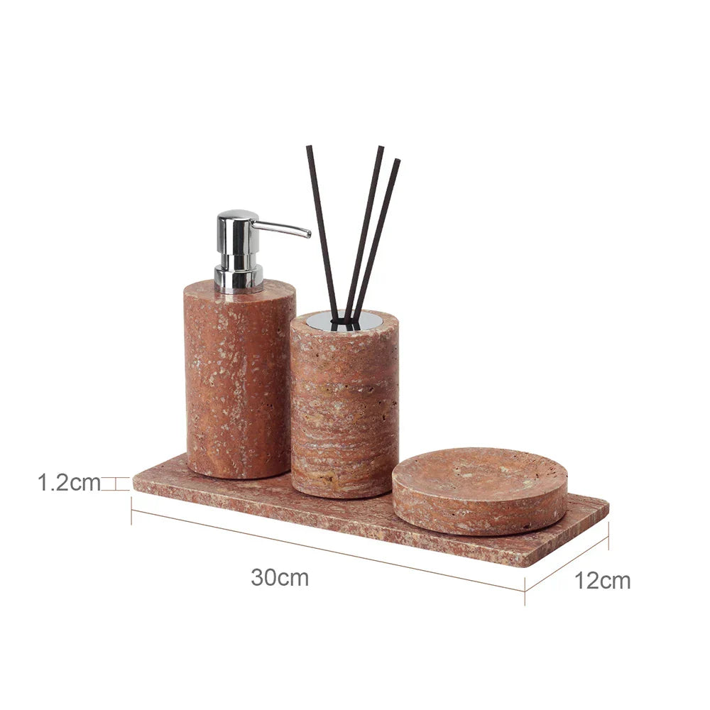 Handcrafted Natural Red Travertine Bathroom Accessories Set (4-Piece)