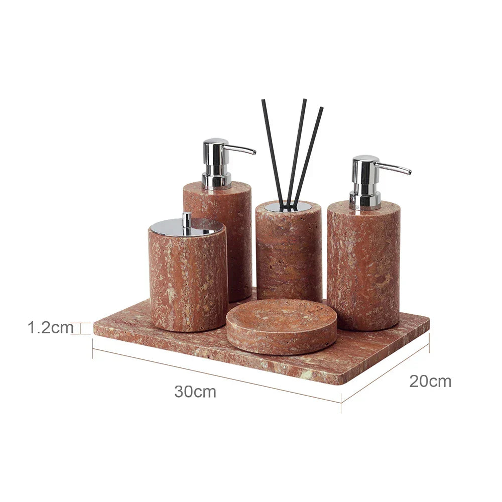 Handcrafted Natural Red Travertine Bathroom Accessories Set (4-Piece)